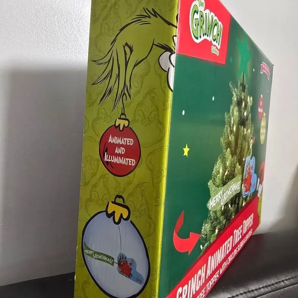 Mr. Christmas Animated Grinch Sleigh Tree Topper w Banner Merry Grinchmas New